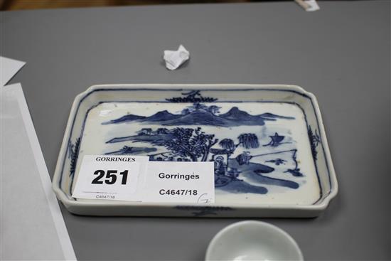 Six 19th century Chinese blue and white horses tea bowls and a later blue and white tray, length 16cm